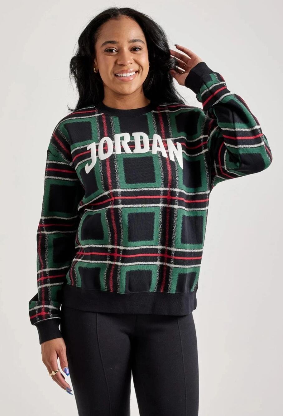Jordan Brooklyn Fleece Green Plaid Women's Crew-Neck Sweatshirt HM5498-341 Med